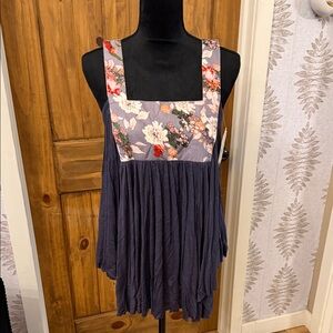 Altar'd State Navy Tunic with Floral Square Yoke